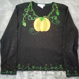 Jack B Quick Sweater Womens‎ L Black Pumpkin Beaded Fall Halloween Top